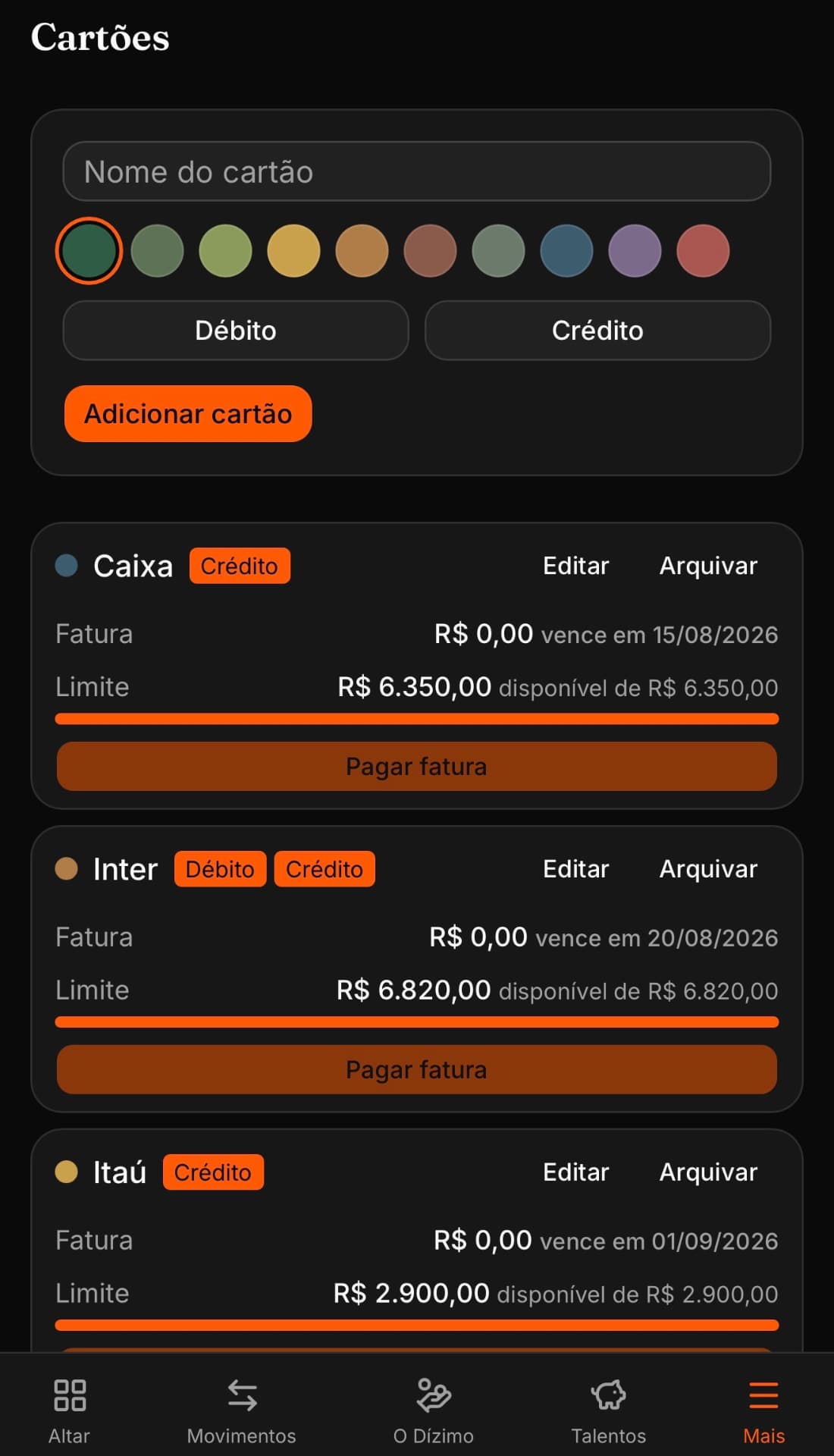 Tela Cartões do Celeiro com faturas, limites e vencimentos