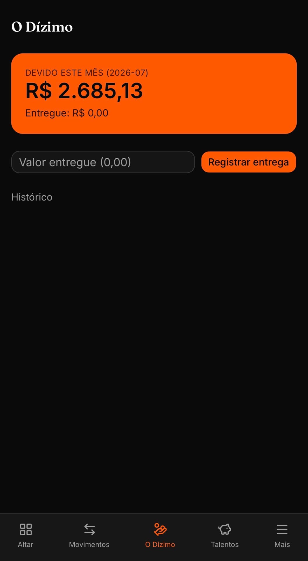 Tela O Dízimo do Celeiro com o valor devido no mês e registro de entrega
