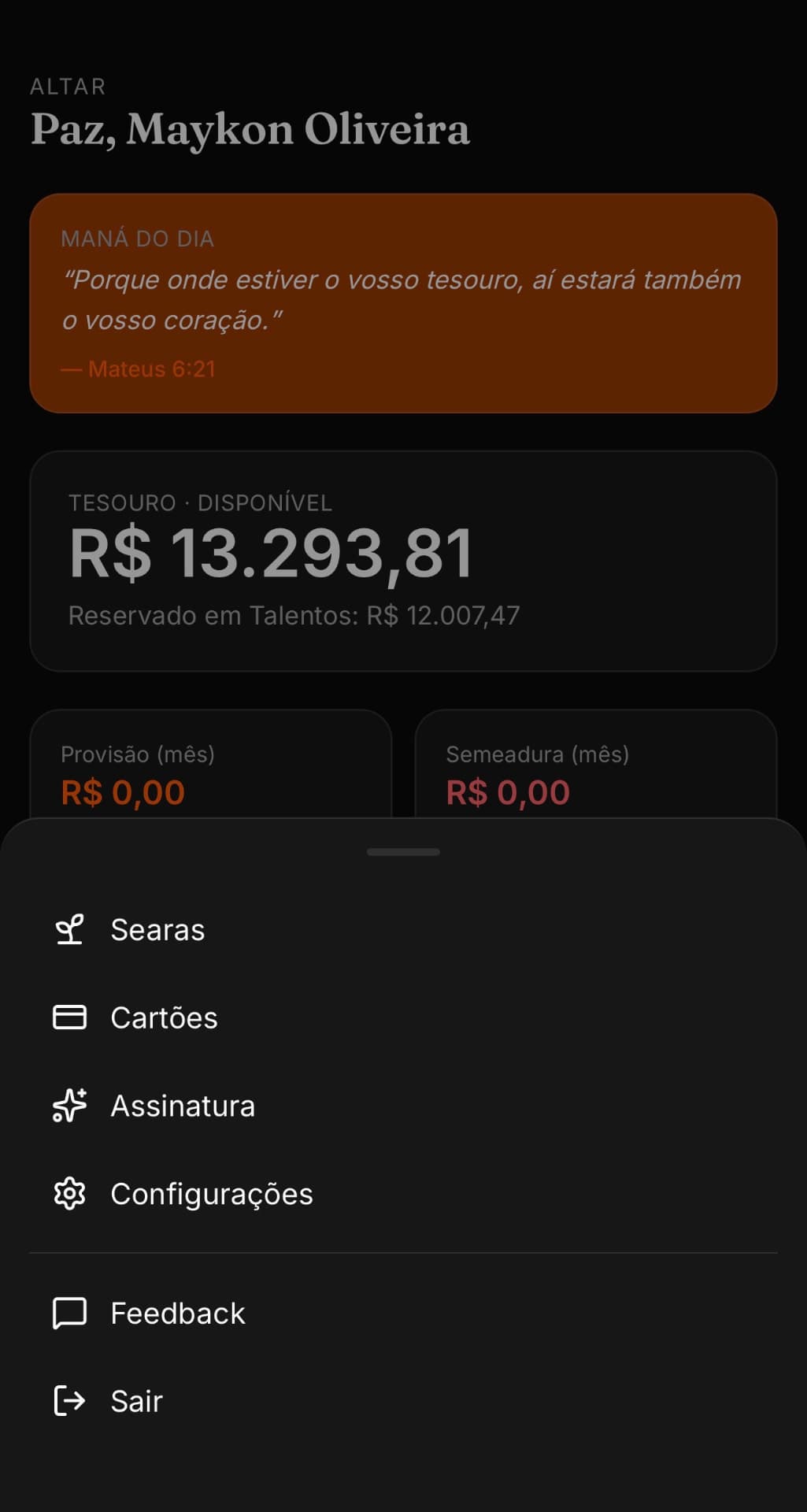 Menu Mais do Celeiro com Searas, Cartões, Assinatura, Configurações, Feedback e Sair