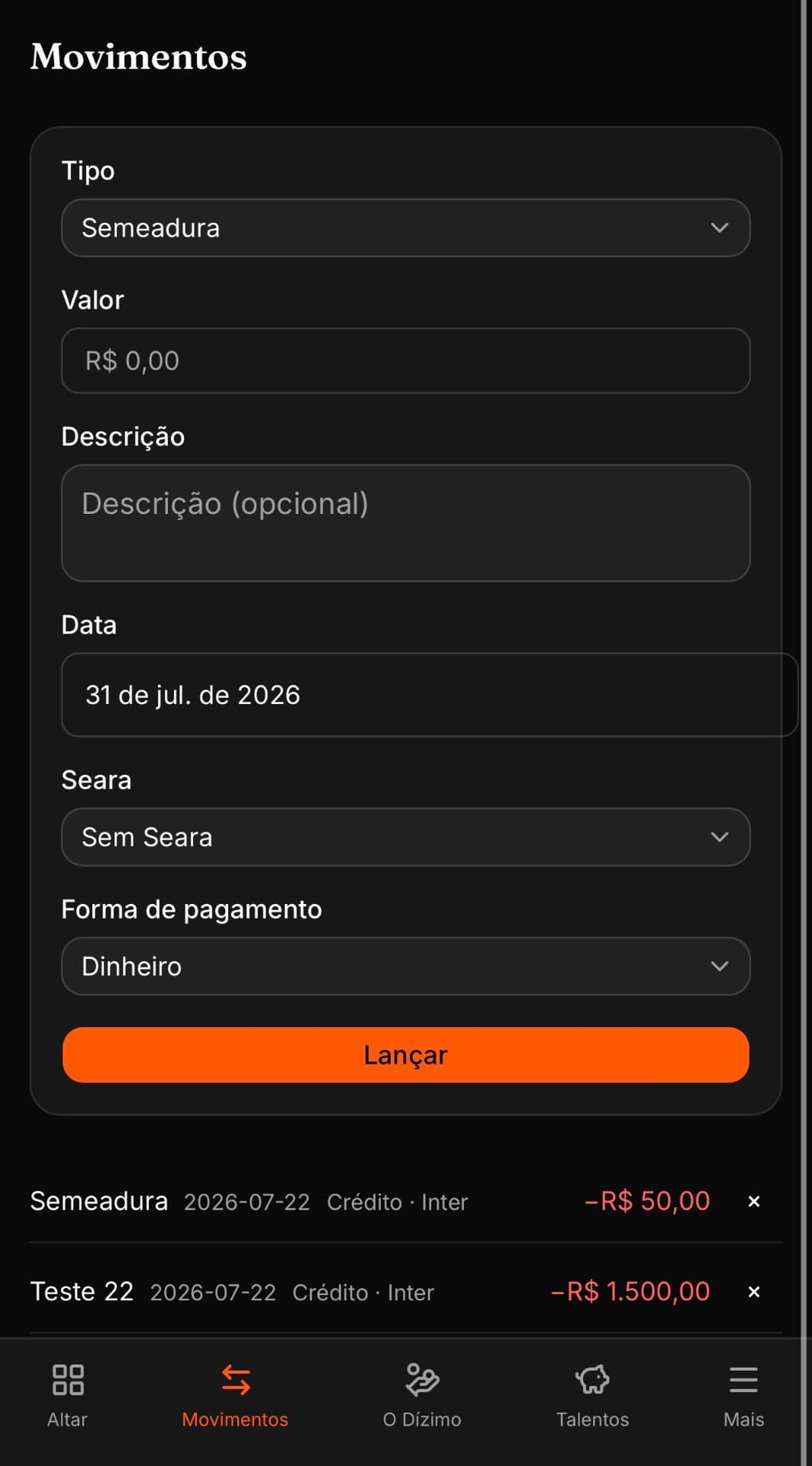 Tela Movimentos do Celeiro com lançamento de Provisão ou Semeadura e histórico