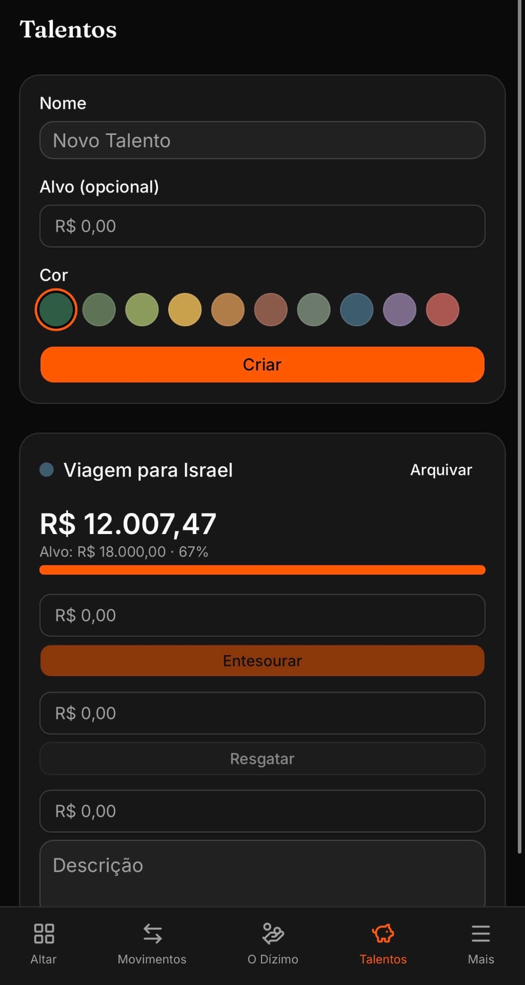 Tela Talentos do Celeiro com objetivo, alvo, progresso, Ensiloar e Resgatar